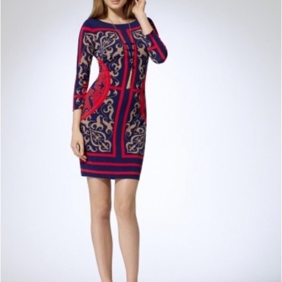 Cache Navy Red Tan Baroque Print 3/4 Sleeve Bodycon Dress Size Small - Picture 4 of 4